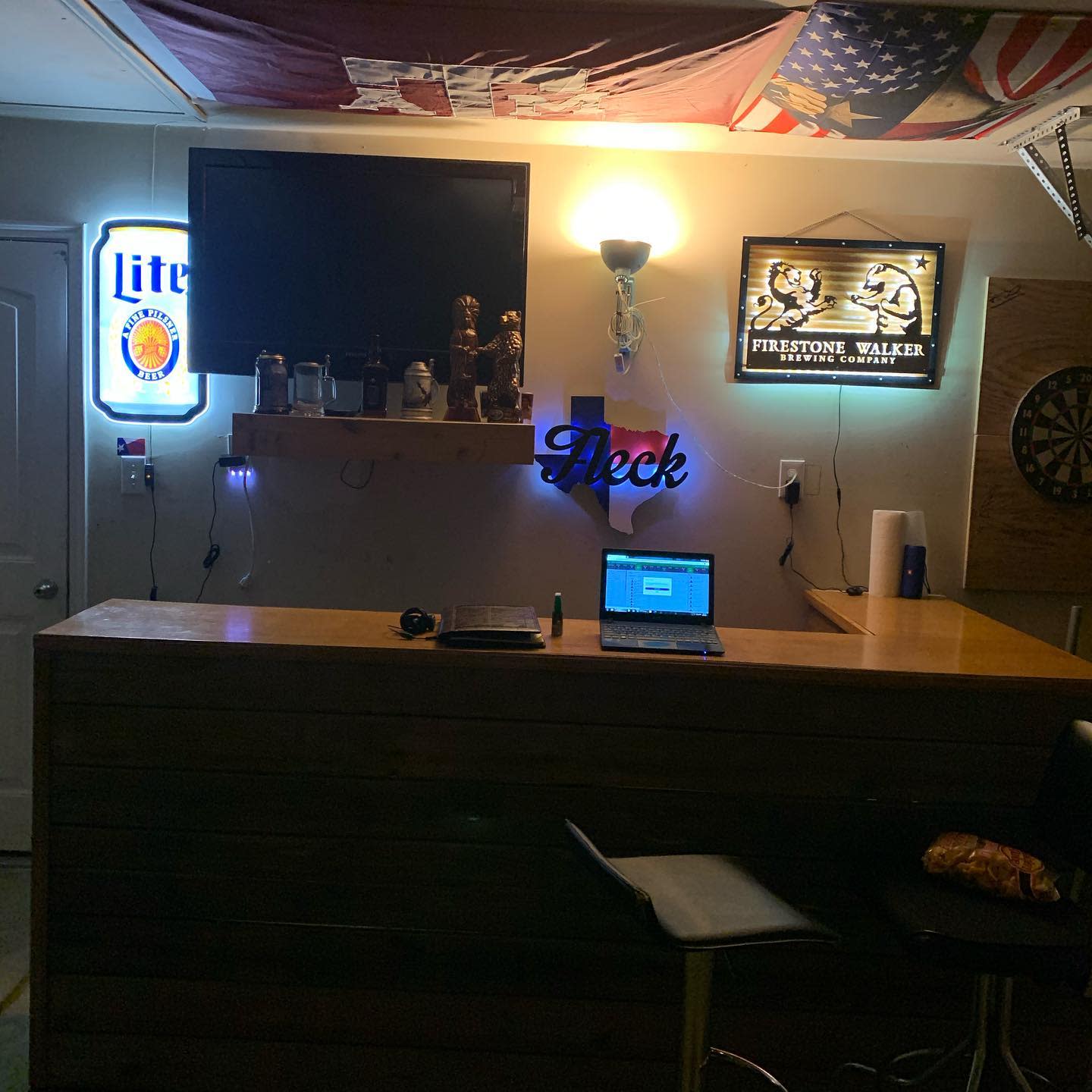 wood garage bar ceiling flags illuminated signs
